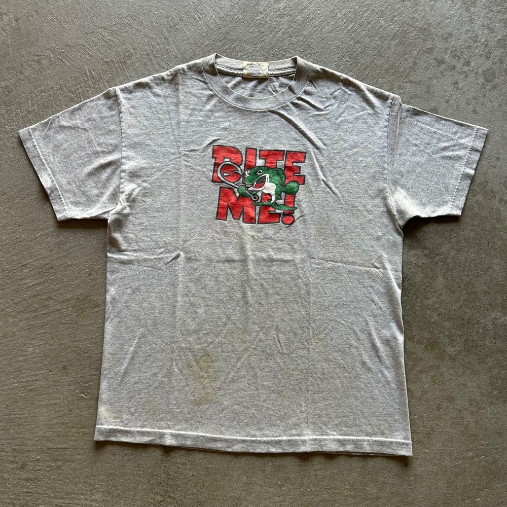 Vintage 90s Bite Me Shirt Size Large Gray Bass Fishing Funny Humor Graphic